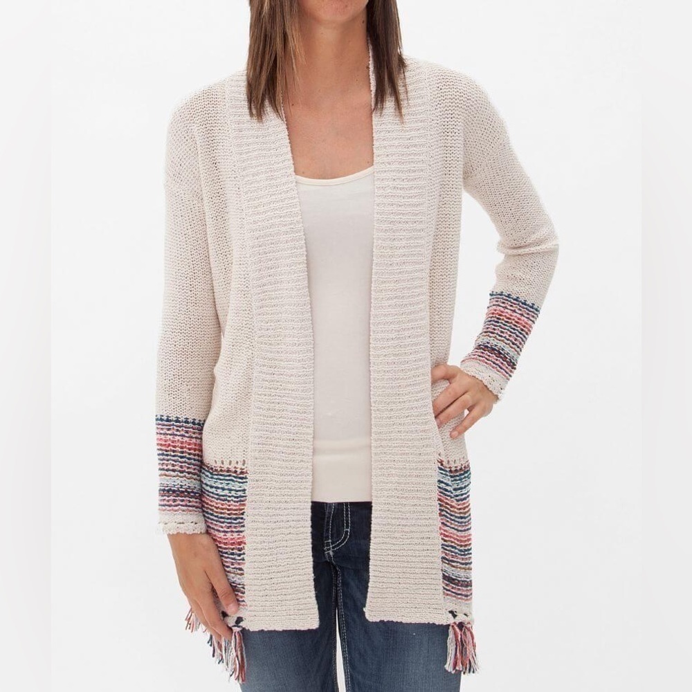 Roxy Cream Multicolor Stripes Knit Cardigan Small Fringe